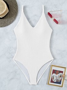 Textured Crisscross Back One Piece Swimsuit, For Summer Beach Vacation - White - View 6