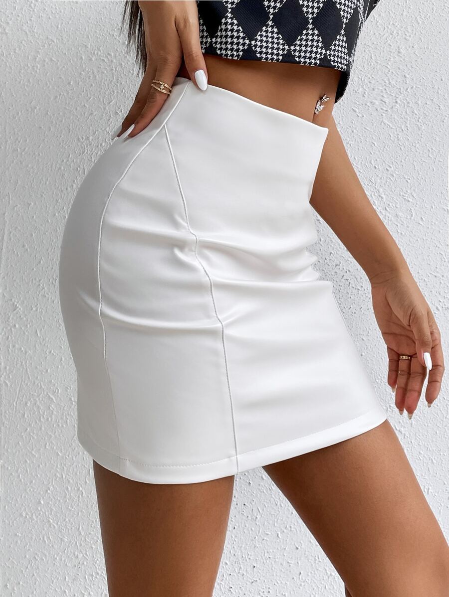 SHEIN Essnce Solid PU Leather Bodycon Skirt - White - View 1