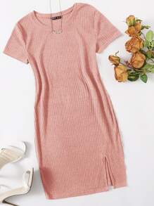 SHEIN Essnce 羅紋針織下擺開叉洋裝 - 珊瑚粉 - 查看 1