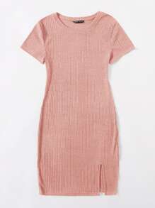 SHEIN Essnce 羅紋針織下擺開叉洋裝 - 珊瑚粉 - 查看 3