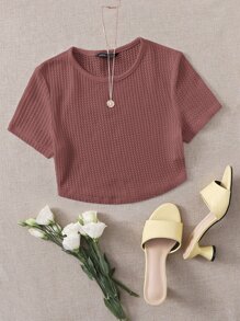 SHEIN EZwear Solid Waffle Knit Tee - Redwood - View 1