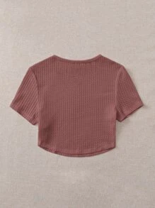 SHEIN EZwear Solid Waffle Knit Tee - Redwood - View 2