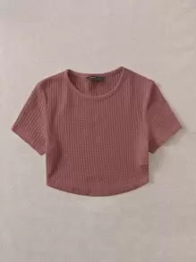 SHEIN EZwear Solid Waffle Knit Tee - Redwood - View 3