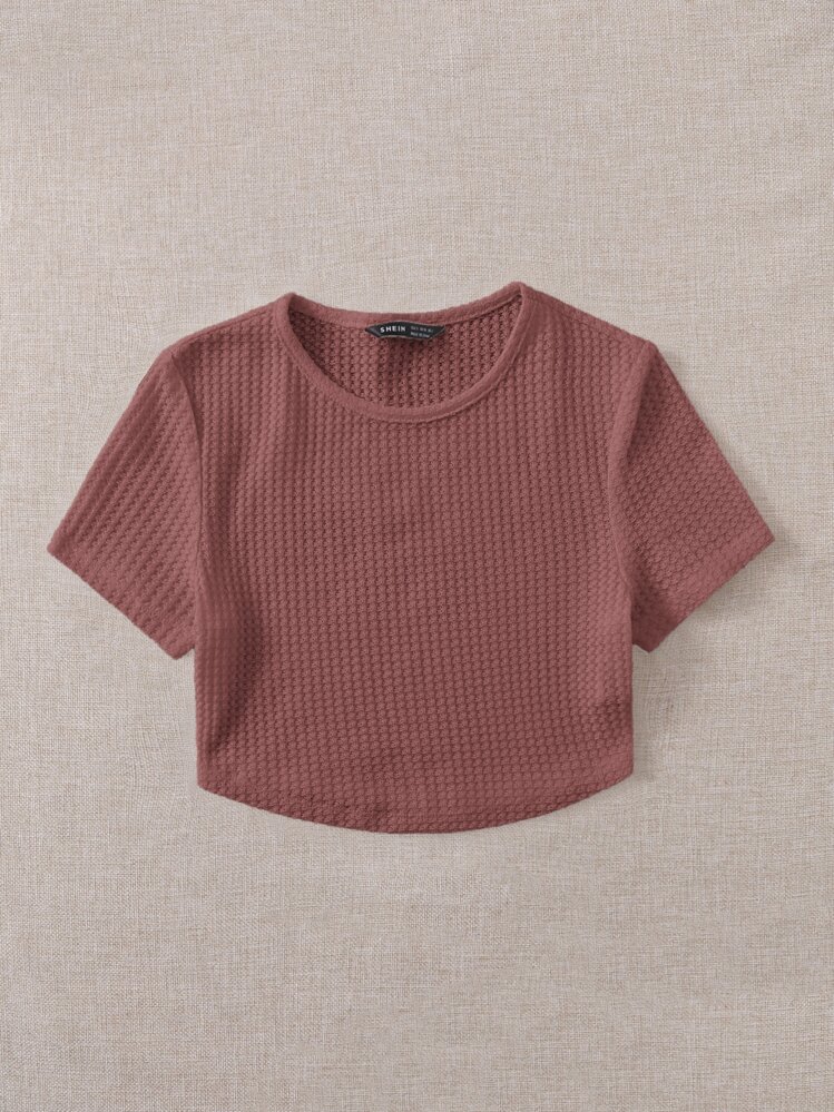 SHEIN EZwear Solid Waffle Knit Tee - Redwood - View 3