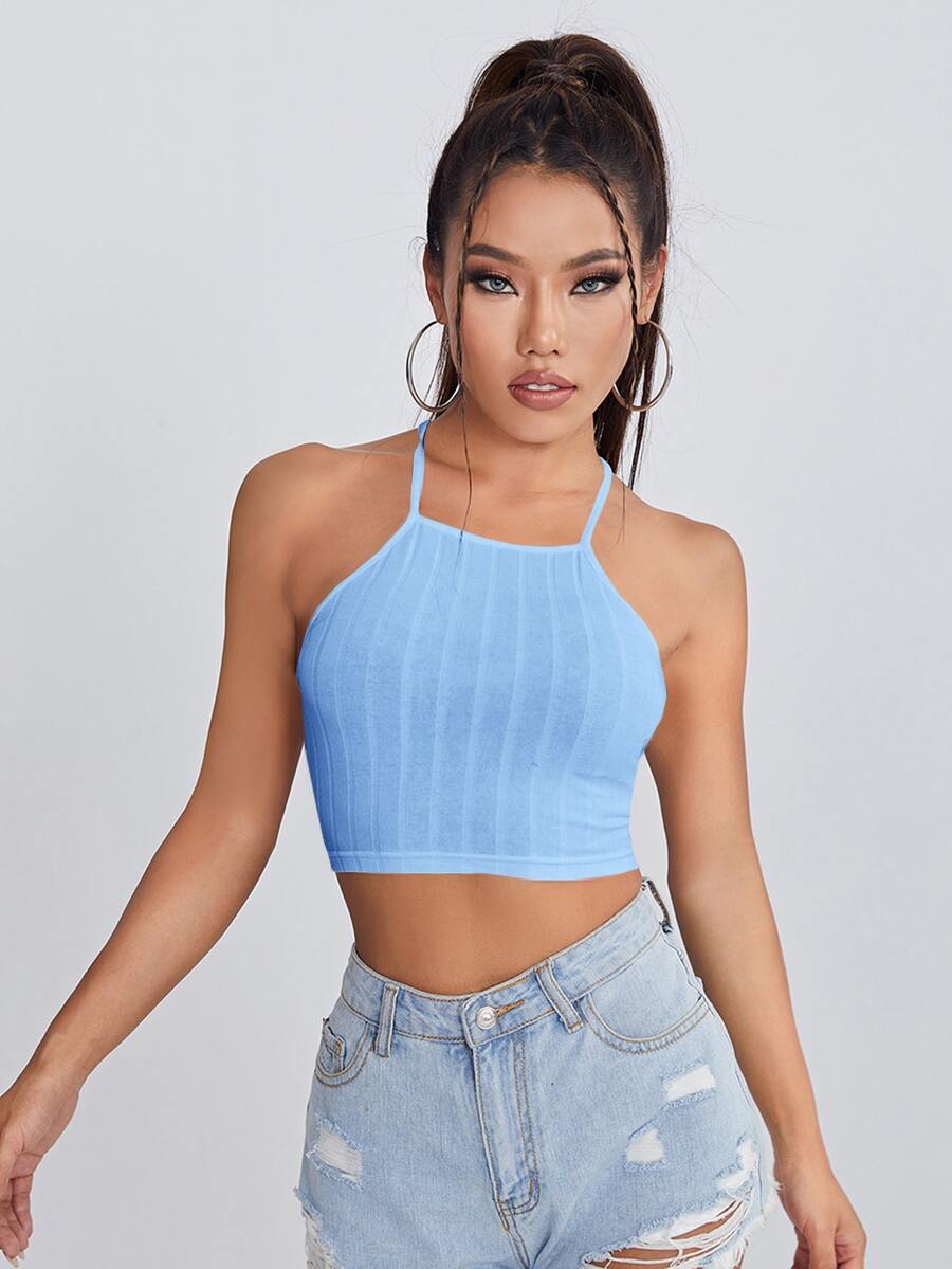 SHEIN EZwear 繫帶露背羅紋針織吊帶上衣 - 淺藍色 - 查看 1