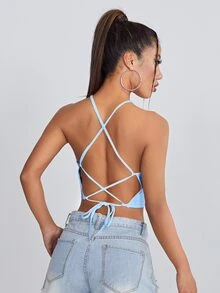 SHEIN EZwear 繫帶露背羅紋針織吊帶上衣 - 淺藍色 - 查看 2