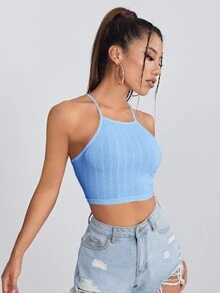 SHEIN EZwear 繫帶露背羅紋針織吊帶上衣 - 淺藍色 - 查看 3