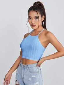 SHEIN EZwear 繫帶露背羅紋針織吊帶上衣 - 淺藍色 - 查看 4