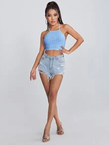 SHEIN EZwear 繫帶露背羅紋針織吊帶上衣 - 淺藍色 - 查看 5