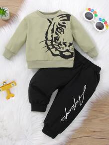 Baby Boy Tiger Print Sweatshirt & Letter Graphic Sweatpants - Multicolor - View 1