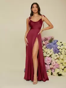 SHEIN Belle Váy phù dâu bằng vải satin buộc vai màu đỏ tía - Màu Đỏ Sâu - Xem 1