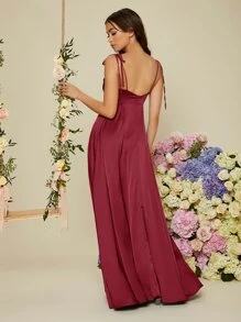 SHEIN Belle Váy phù dâu bằng vải satin buộc vai màu đỏ tía - Màu Đỏ Sâu - Xem 2