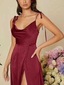 SHEIN Belle Váy phù dâu bằng vải satin buộc vai màu đỏ tía - Màu Đỏ Sâu - Xem 3