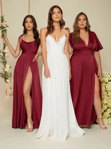 SHEIN Belle Váy phù dâu bằng vải satin buộc vai màu đỏ tía - Màu Đỏ Sâu - Xem 5