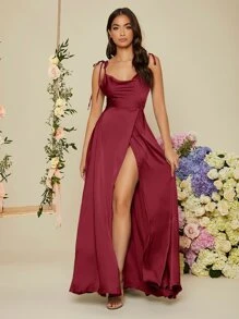 SHEIN Belle Váy phù dâu bằng vải satin buộc vai màu đỏ tía - Màu Đỏ Sâu - Xem 6