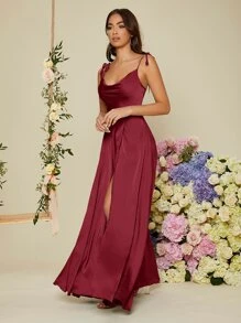 SHEIN Belle Váy phù dâu bằng vải satin buộc vai màu đỏ tía - Màu Đỏ Sâu - Xem 7