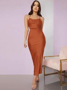SHEIN BAE Vestido de satén con abertura trasera con cordón - Naranja Quemada - Ver 1