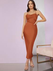 SHEIN BAE Vestido de satén con abertura trasera con cordón - Naranja Quemada - Ver 3