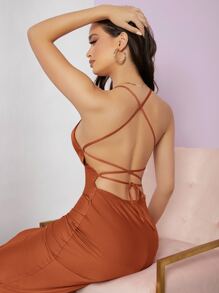 SHEIN BAE Vestido de satén con abertura trasera con cordón - Naranja Quemada - Ver 4