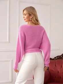 SHEIN Áo len nữ Thắt nút Trọn gói màu trơn Giải trí - Hồng - Xem 2