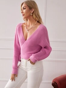 SHEIN Áo len nữ Thắt nút Trọn gói màu trơn Giải trí - Hồng - Xem 3