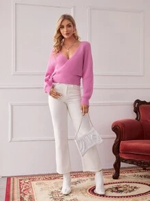 SHEIN Áo len nữ Thắt nút Trọn gói màu trơn Giải trí - Hồng - Xem 4