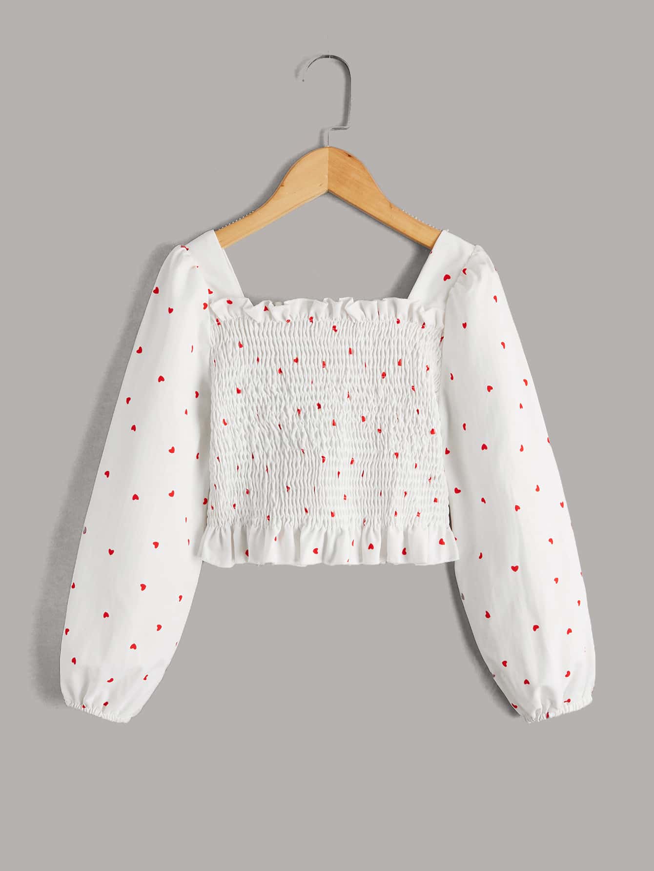 Girls Heart Print Shirred Peplum Blouse - White - View 1