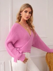 SHEIN Áo len nữ Thắt nút Trọn gói màu trơn Giải trí - Hồng - Xem 5