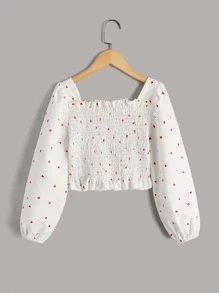Girls Heart Print Shirred Peplum Blouse - White - View 2