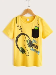 SHEIN Tween Boy Summer Sporty Style Fitted Knit Crewneck Short Sleeve T-Shirt For Tween With Slogan And Headphone Patterns