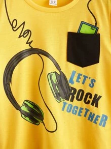 SHEIN Tween Boy Summer Sporty Style Fitted Knit Crewneck Short Sleeve T-Shirt For Tween With Slogan And Headphone Patterns