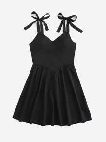 ROMWE Kawaii Tie Shoulder Cami Dress - Black - View 1