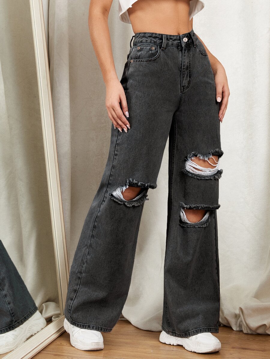 Jeans de pierna ancha con diseño roto con cremallera - Gris Oscuro - Ver 1