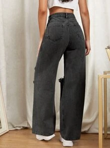 Jeans de pierna ancha con diseño roto con cremallera - Gris Oscuro - Ver 2