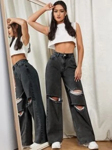 Jeans de pierna ancha con diseño roto con cremallera - Gris Oscuro - Ver 3