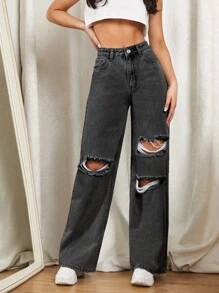 Jeans de pierna ancha con diseño roto con cremallera - Gris Oscuro - Ver 4