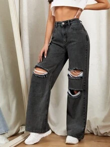 Jeans de pierna ancha con diseño roto con cremallera - Gris Oscuro - Ver 5
