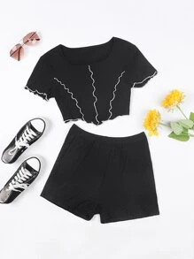 Girls 1pc Top-stitching Asymmetrical Hem Tee & 1pc Shorts - Black - View 1