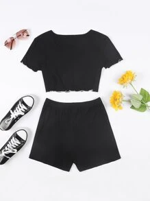 Girls 1pc Top-stitching Asymmetrical Hem Tee & 1pc Shorts - Black - View 2
