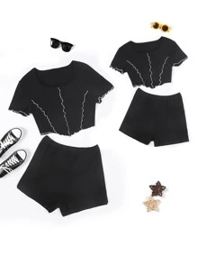 Girls 1pc Top-stitching Asymmetrical Hem Tee & 1pc Shorts - Black - View 3