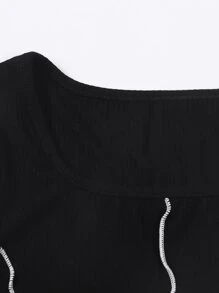 Girls 1pc Top-stitching Asymmetrical Hem Tee & 1pc Shorts - Black - View 5