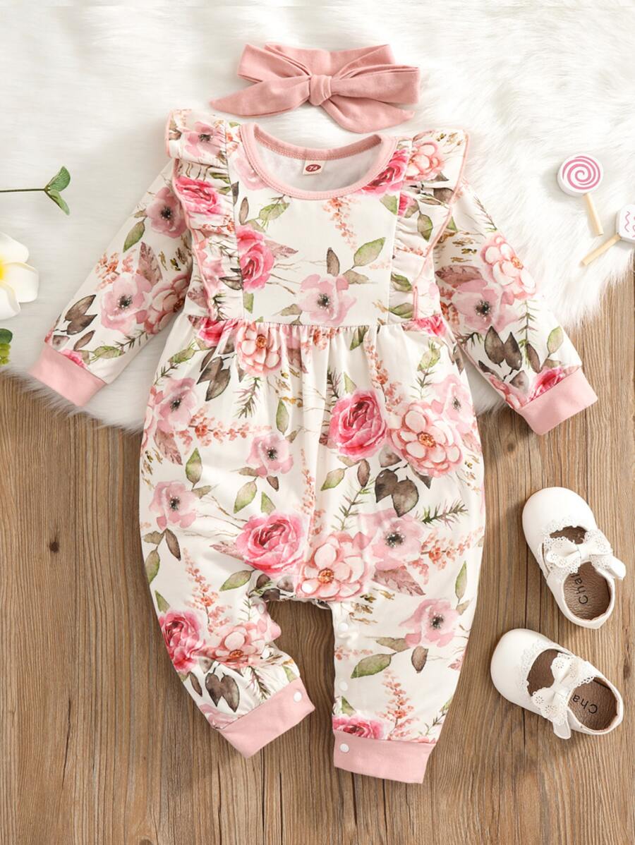 Bebé Jumpsuit con estampado floral ribete con fruncido con diadema - Multicolor - Ver 1