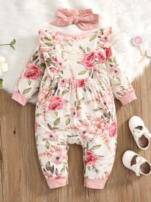 Bebé Jumpsuit con estampado floral ribete con fruncido con diadema - Multicolor - Ver 2