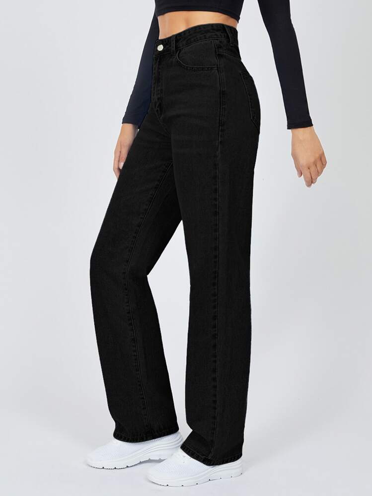 SHEIN Tall Quần jean nữ Nút Túi Dây kéo Denim mùa giặt màu trơn - màu đen - Xem 1