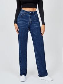 SHEIN Tall 高腰淺色水洗牛仔褲 - 深色水洗藍 - 查看 3