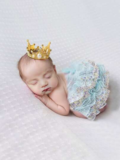 Newborn Rhinestone Crown & Floral Print Mesh Skirt Photography Prop