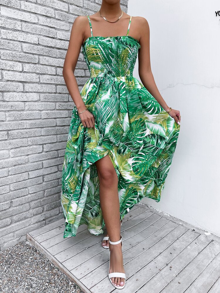 SHEIN Holidaya Tropical Print Shirred Split Thigh Cami Dress - Green - View 5