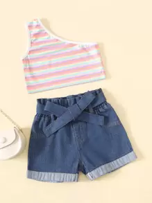 嬰兒條紋圖案單肩上衣和腰帶牛仔短褲 - 彩色 - 查看 1