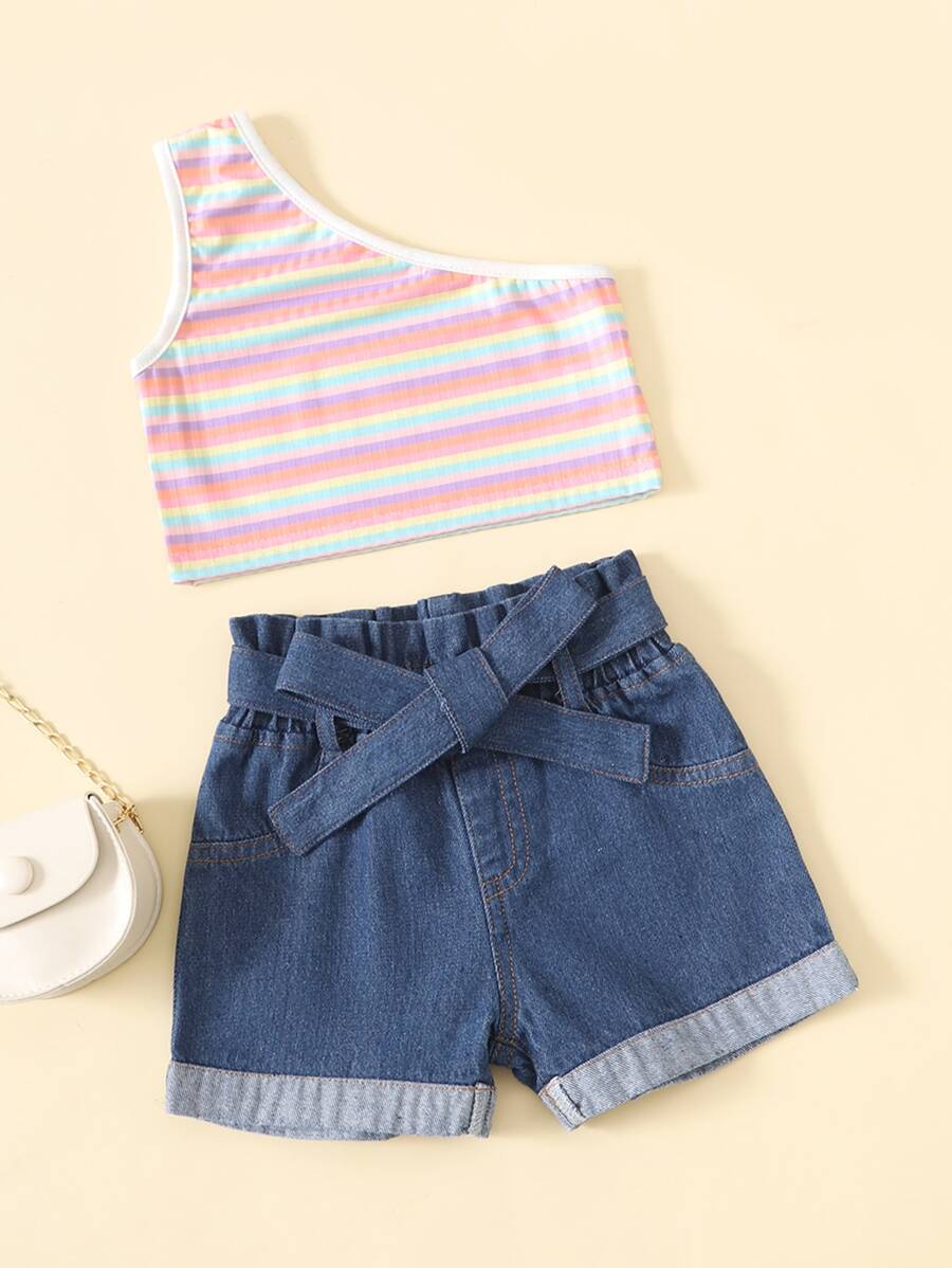 嬰兒條紋圖案單肩上衣和腰帶牛仔短褲 - 彩色 - 查看 1