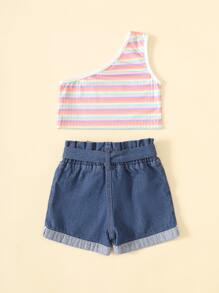嬰兒條紋圖案單肩上衣和腰帶牛仔短褲 - 彩色 - 查看 2